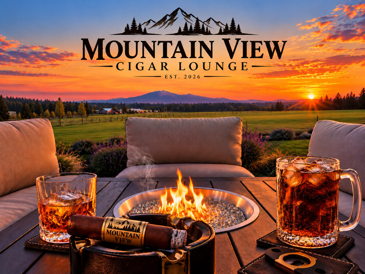Mountain View Cigar Lounge at sunset, with a fire pit and cigar overlooking Mount Spokane